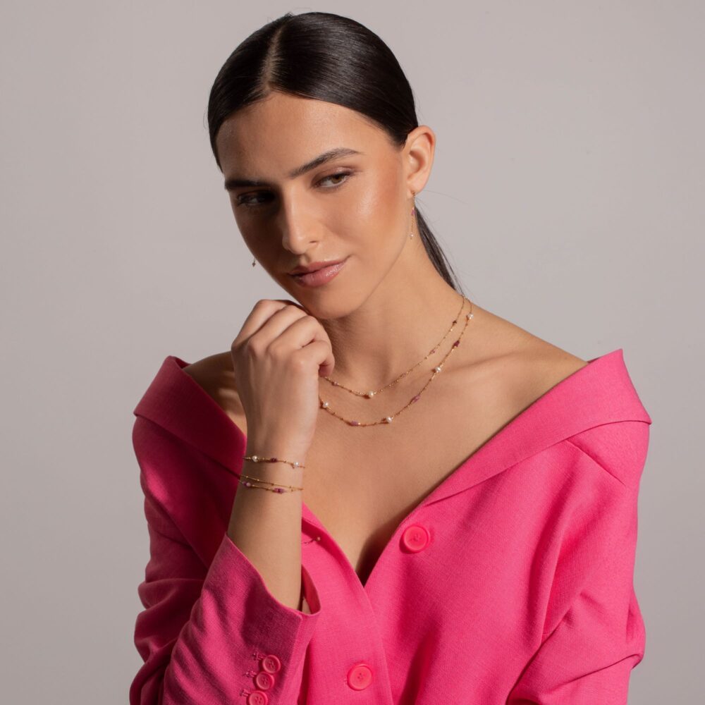 Collier argent doré pierres précieuses rubis véritable et perle naturelle blanche 1