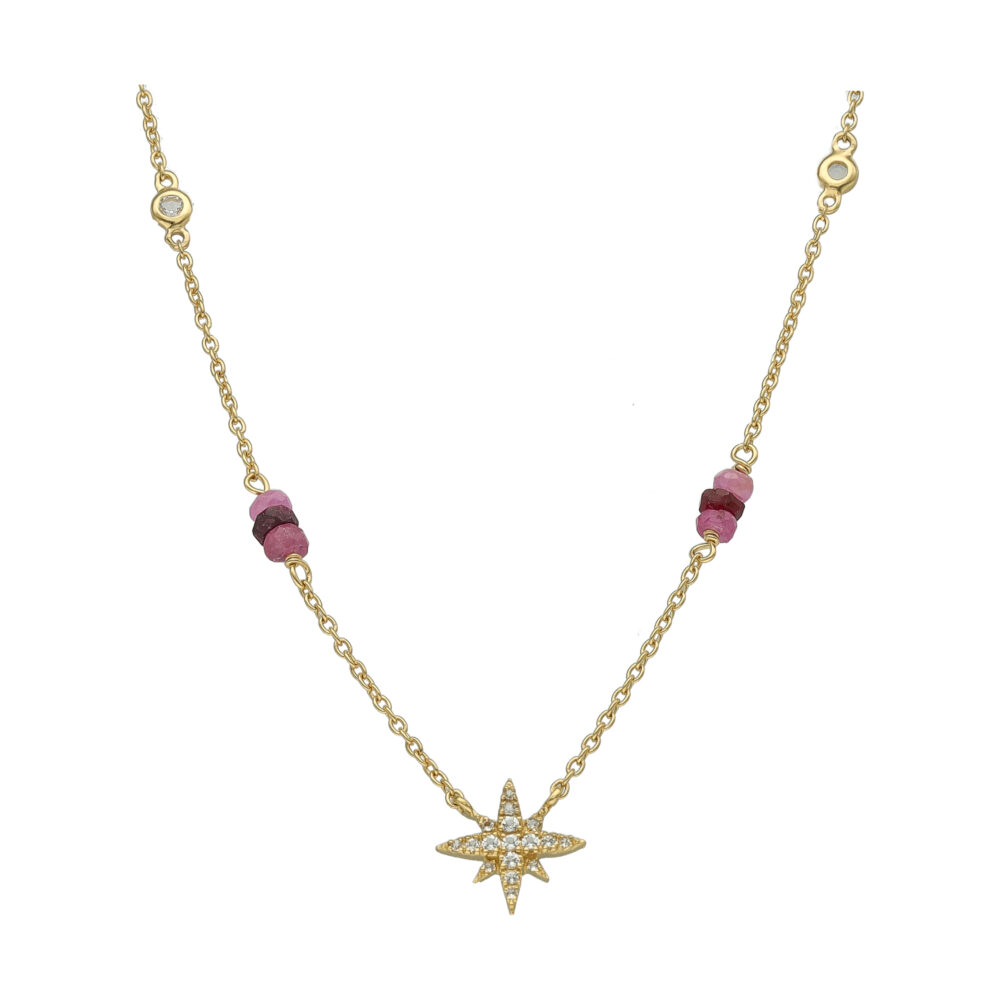 Collier Chaine Étoile Polaire Rubis et Topaze Argent Doré Éclat Céleste