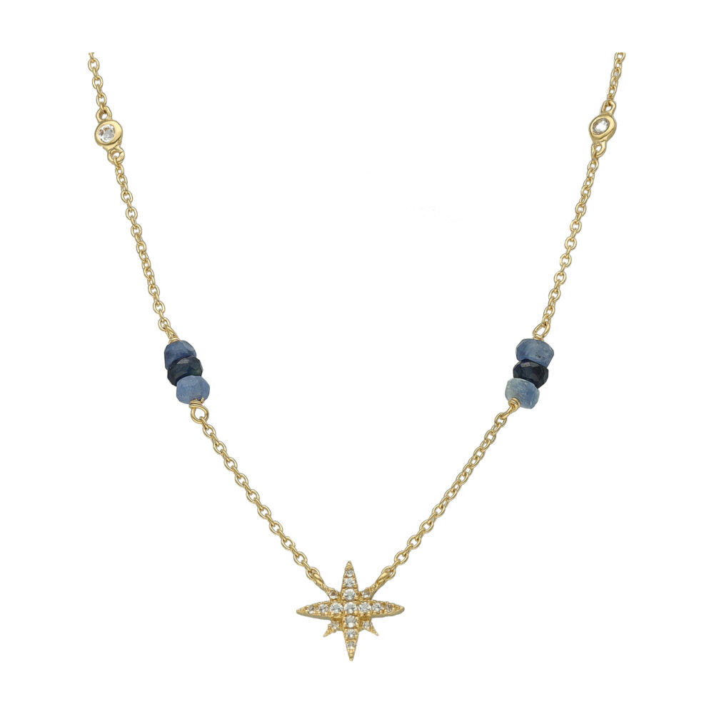 Collier Chaîne Étoile Polaire en Argent Doré, Saphir Bleu et Topaze Éclat Celeste