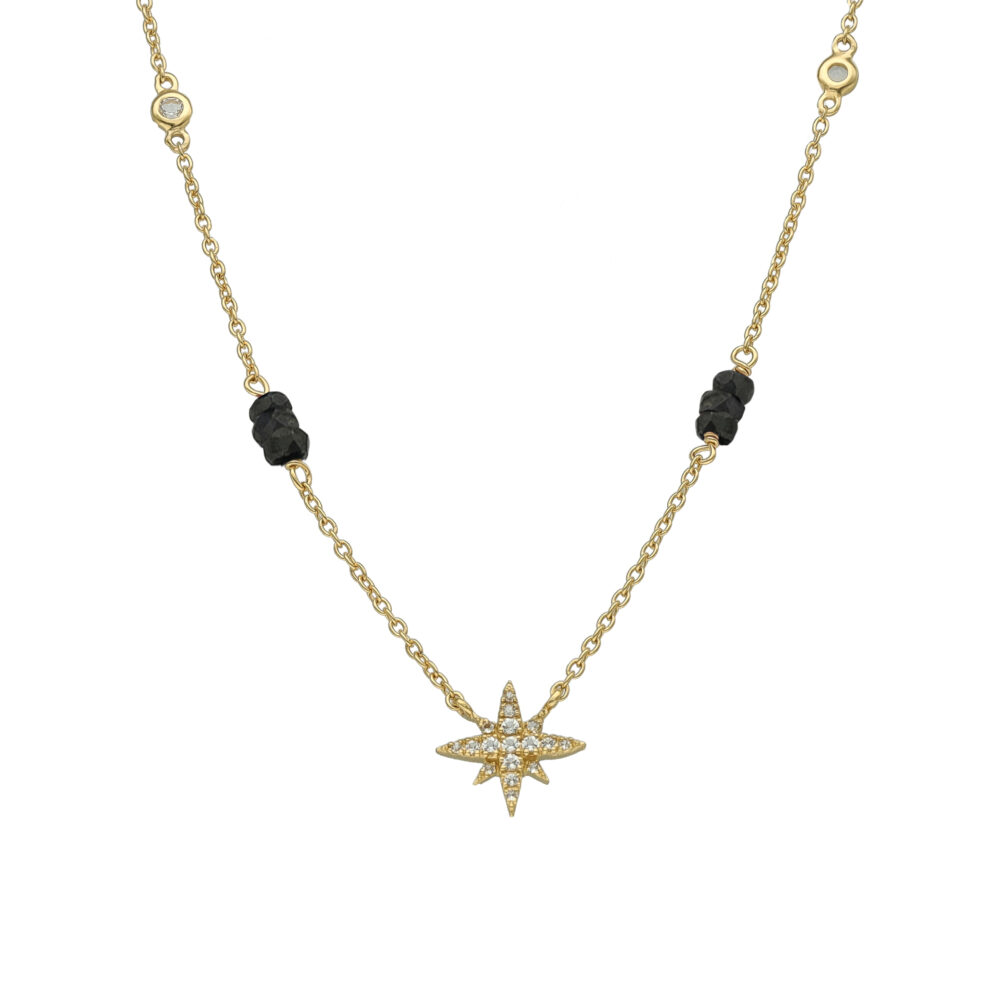 Collier Chaîne Étoile Polaire en Argent Doré, Saphir noir et Topaze Éclat Céleste