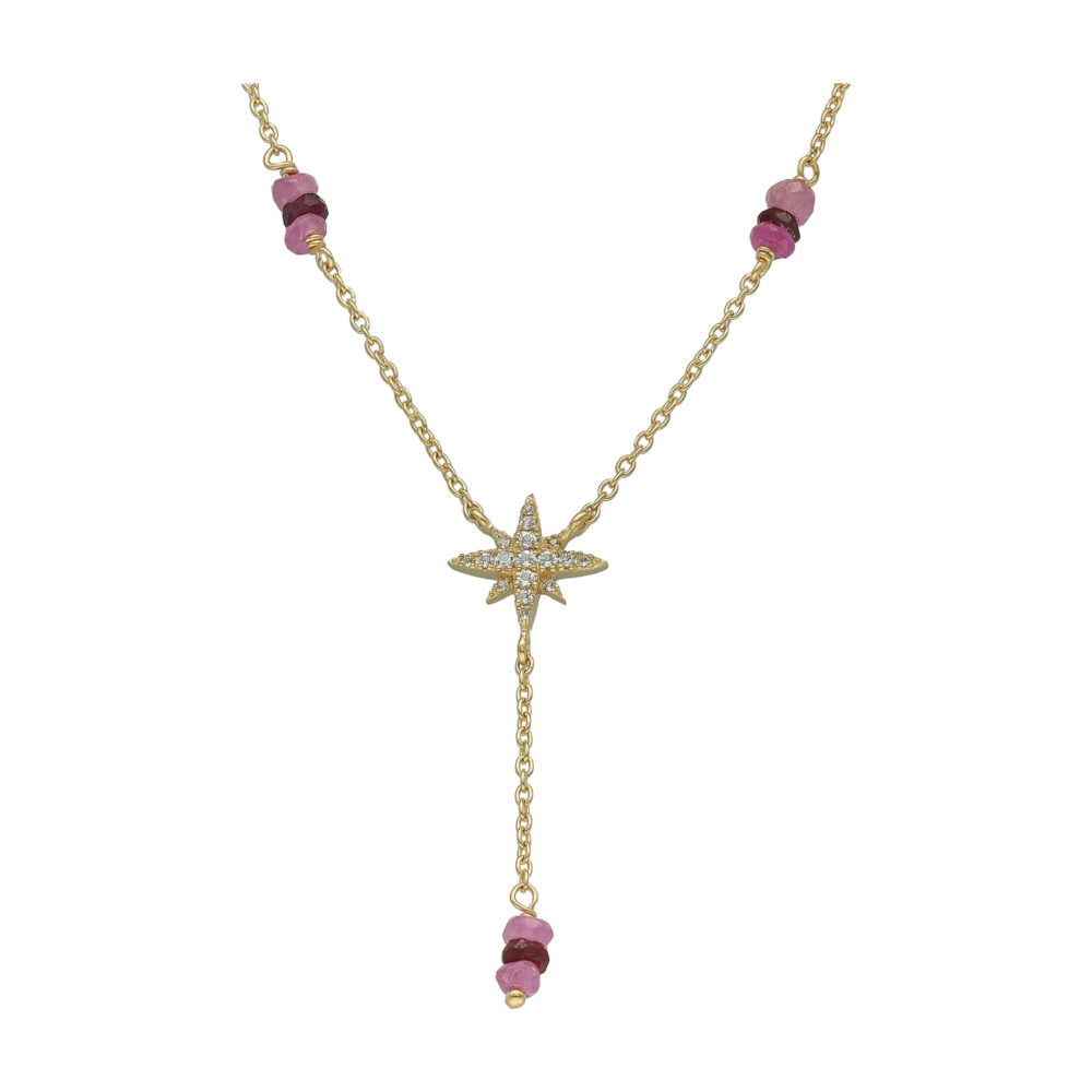 Collier Cravate "Étoile Polaire" en Argent Doré, Rubis Rouge et Topaze