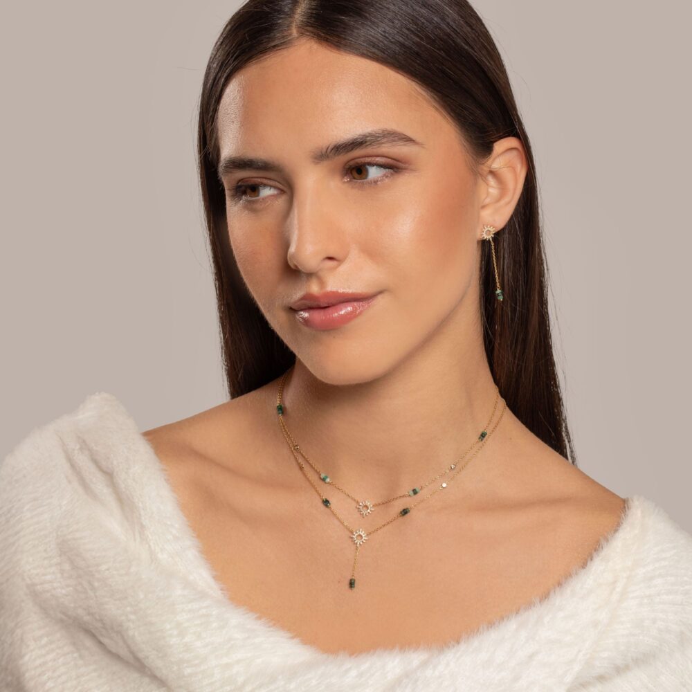 Alternative view of Boucles d'Oreilles Pendantes "Soleil" en Argent Doré, Émeraude Verte et Topaze