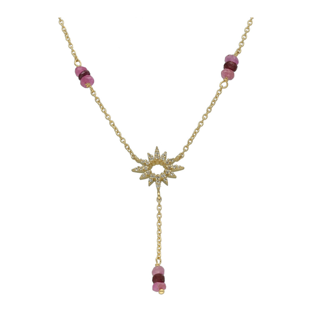 Collier Cravate "Soleil Éclatant" en Argent Doré, Rubis Rouge et Topaze