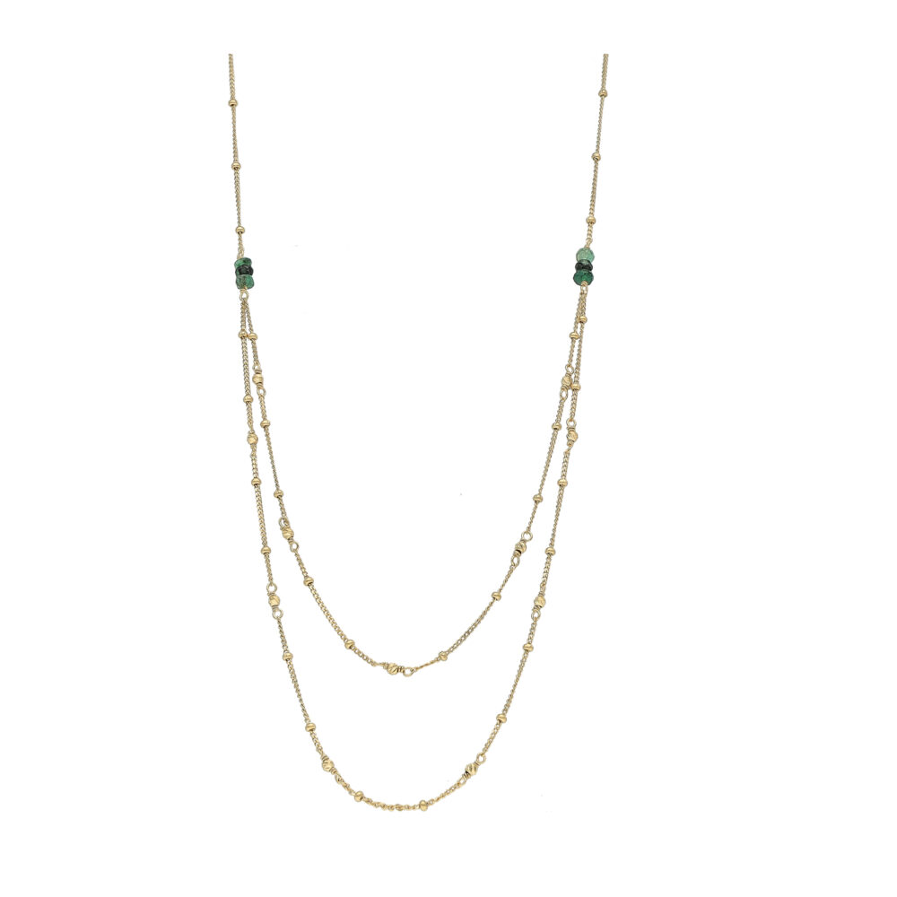 Collier Double Rang en Argent Doré, Émeraude