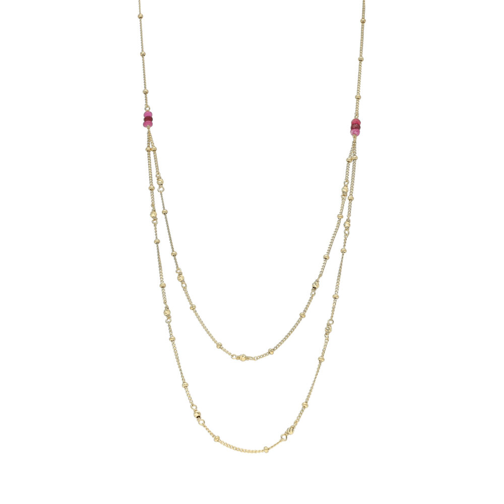 Collier Double Rang en Argent Doré, Rubis Rouge