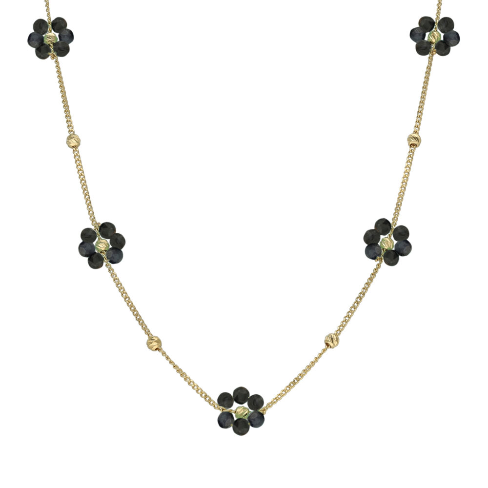 Collier "Bouquet Précieux" en Argent Doré et Fleurs Spinelles noires
