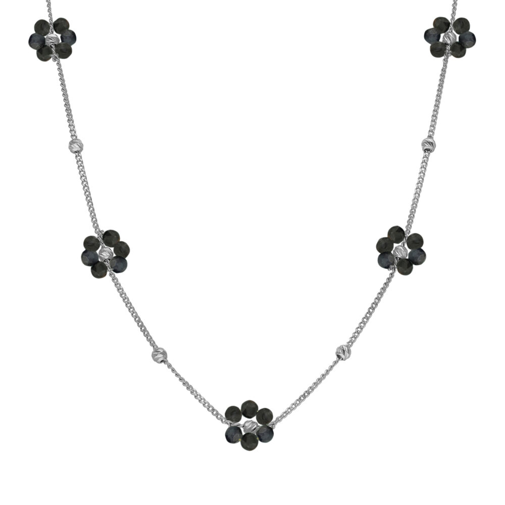 Collier "Bouquet Précieux" en Argent Rhodié et Fleurs Spinelles noires