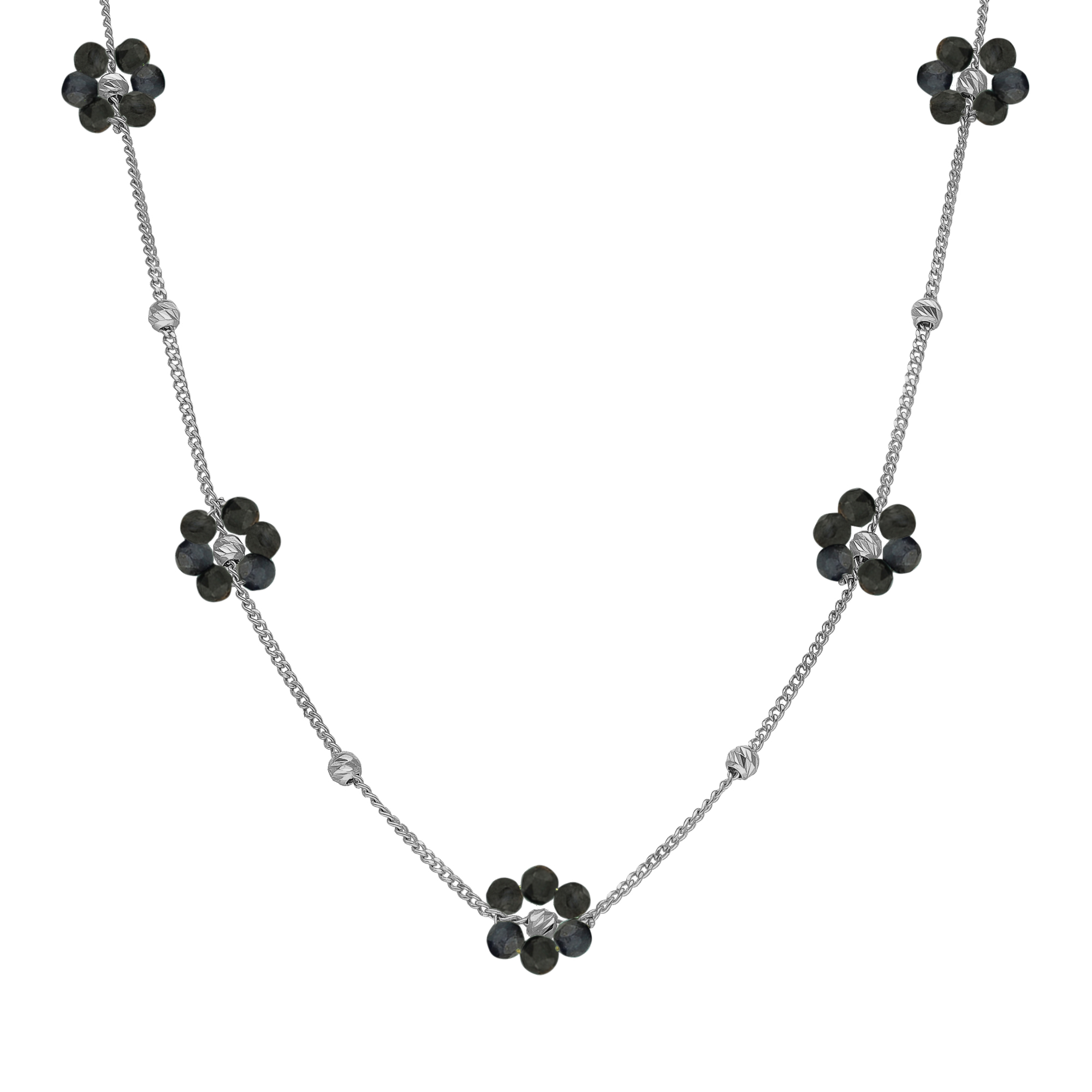 COD200NOIRRH Collier "Bouquet Précieux" en Argent Rhodié et Fleurs Spinelles noires 1
