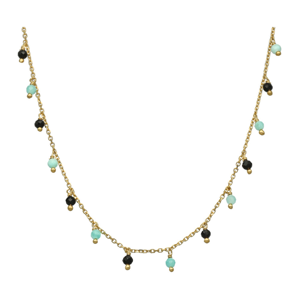 Collier à Pampilles "Éclat Marin" en Argent Doré, Amazonite et Spinelle Noire