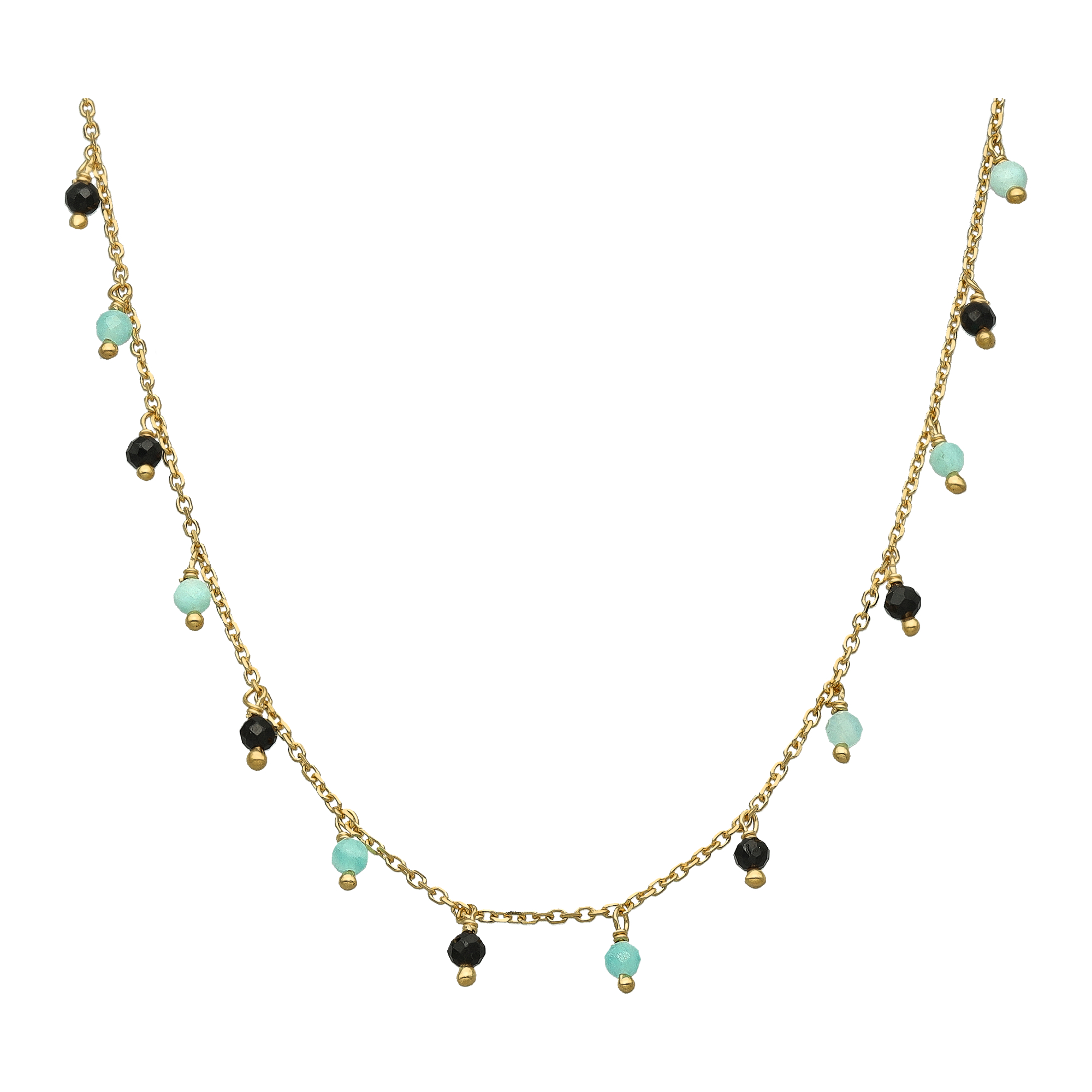 Collier à Pampilles "Éclat Marin" en Argent Doré, Amazonite et Spinelle Noire 1