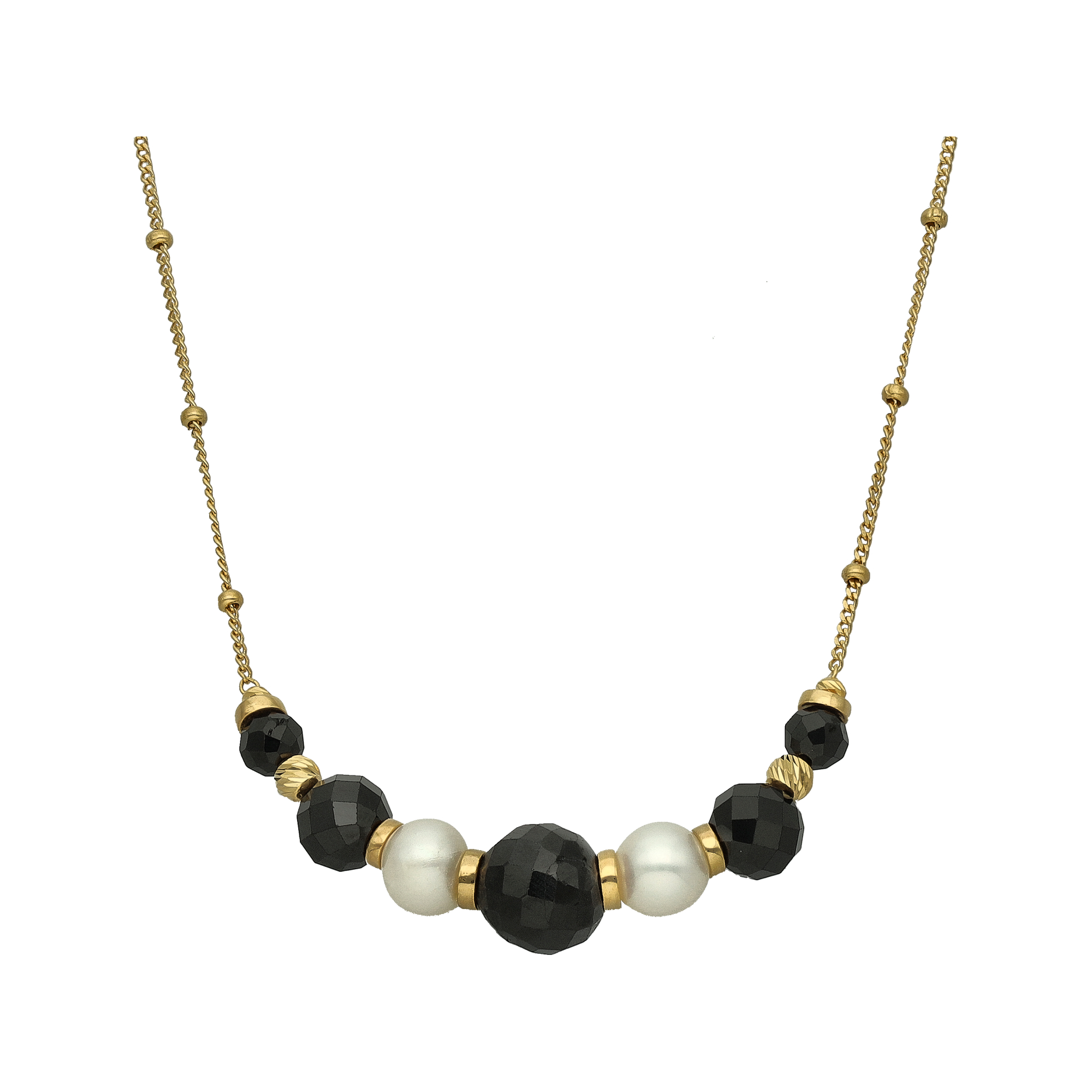Collier en Argent Doré "Éclat Nocturne" Perles de Culture et Pierres Noires Facettées 1