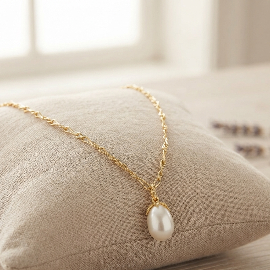 Alternative view of Collier argent dorée diamanté goutte de perle naturelle blanche