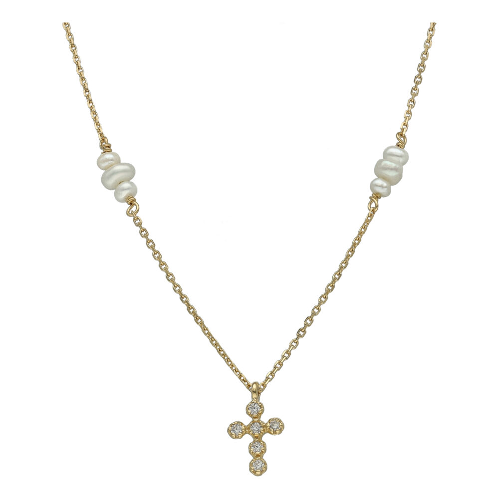 Collier Chaîne en Argent Doré Croix Oxyde de Zirconium et Perles de Culture Naturelles