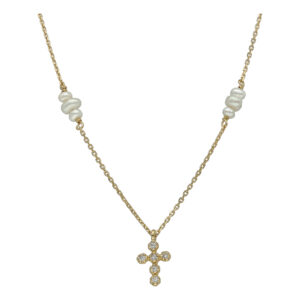 Collier Chaîne en Argent Doré Croix Oxyde de Zirconium et Perles de Culture Naturelles 4