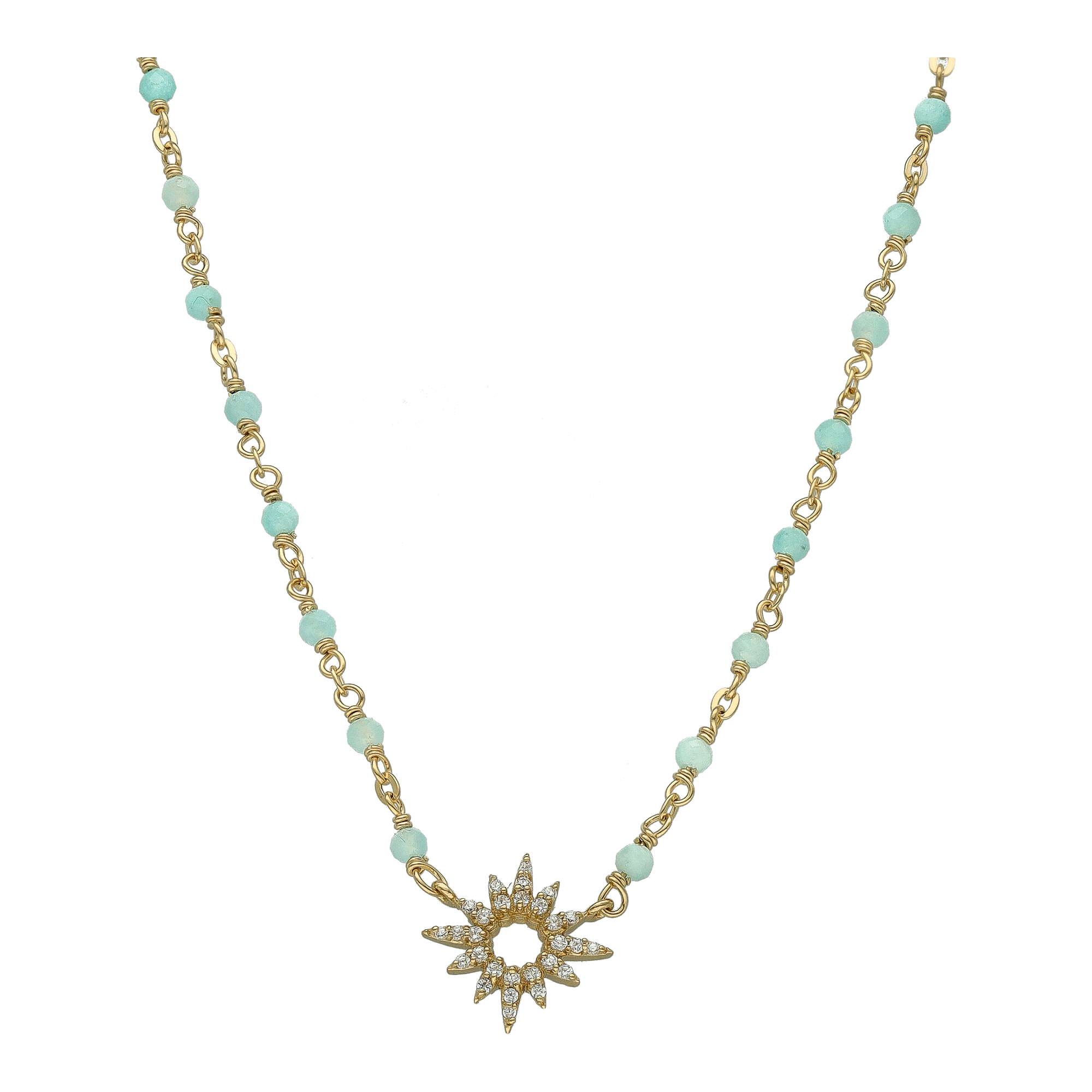 Collier "Aube Azur" en Argent Doré, Amazonite Naturelle et Soleil en Oxydes de Zirconium 1