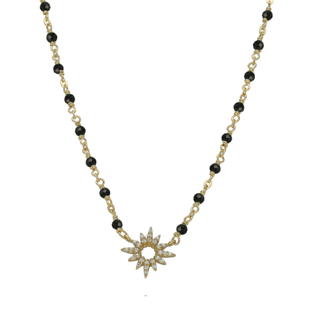 Collier "Aube Divine" en Argent Doré,Pierres spinelles noires et Oxydes de Zirconium