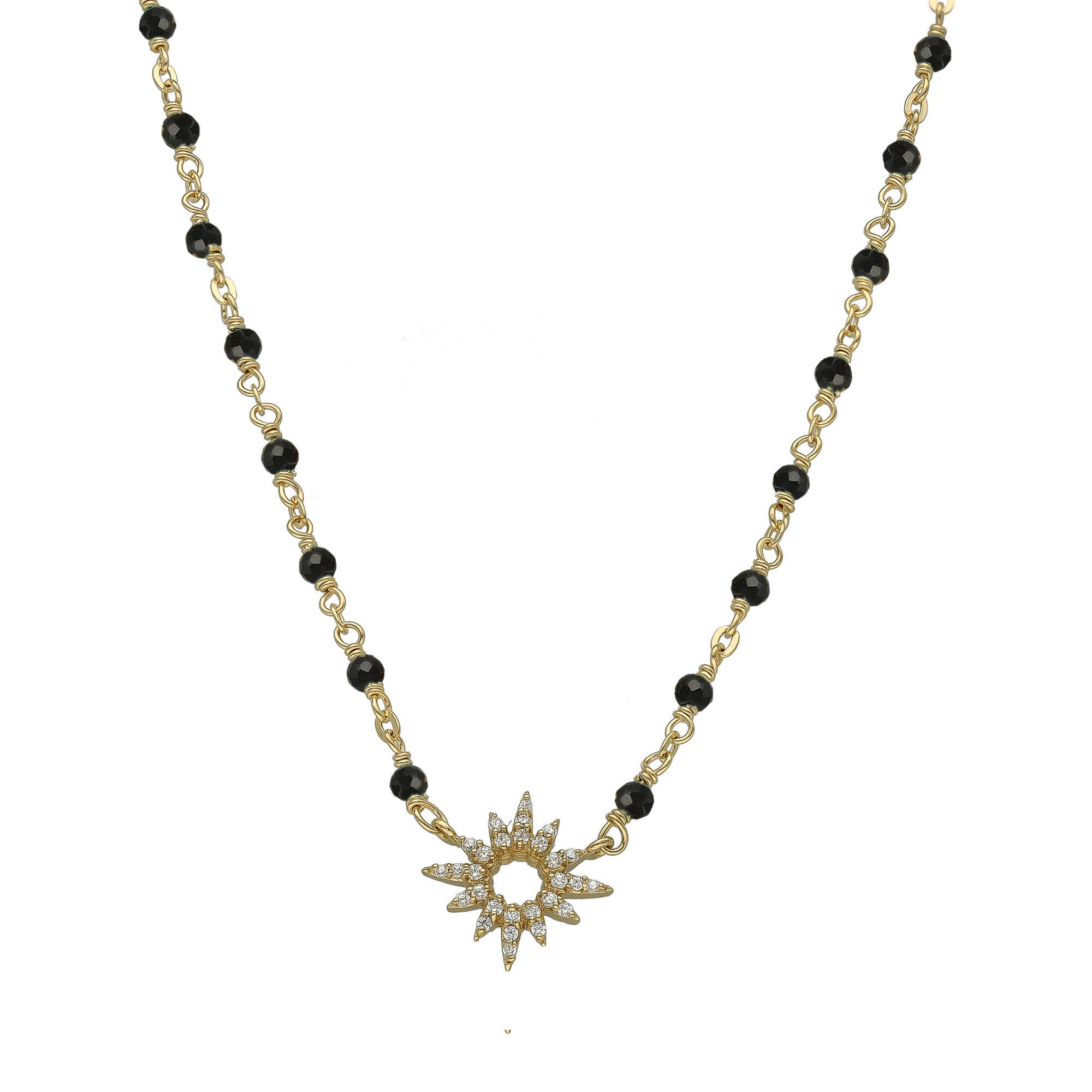 COD210NOIRGOLD Collier "Aube Divine" en Argent Doré,Pierres spinelles noires et Oxydes de Zirconium 1