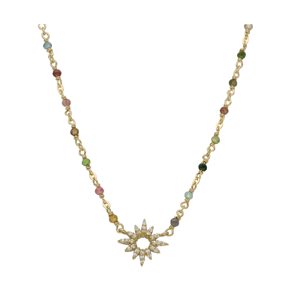 Collier "Aube Divine" en Argent Doré, Tourmaline Multicolore et Oxydes de Zirconium