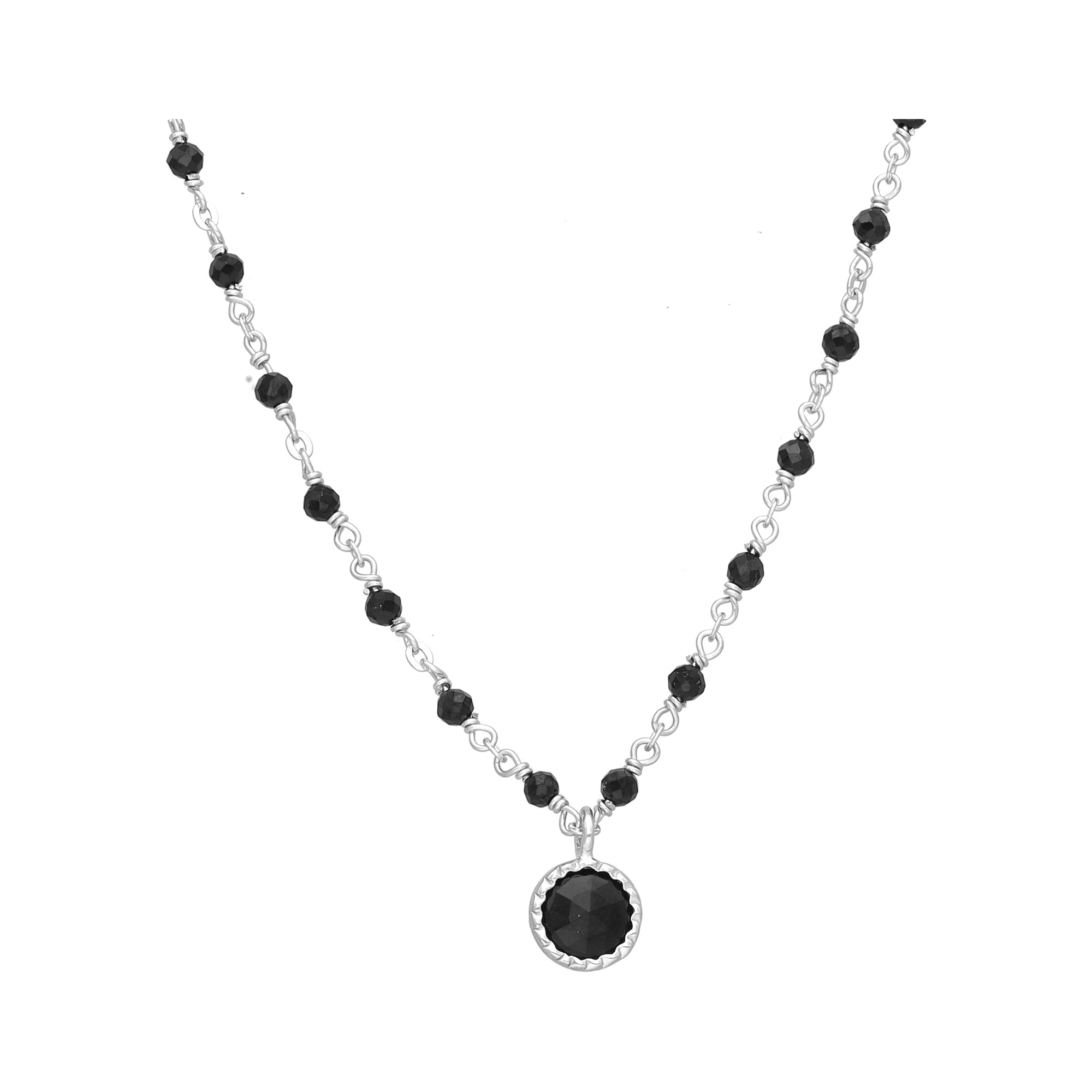 COD216NOIRRH Collier argent rhodié perles naturelles spinelle noir et médaillon