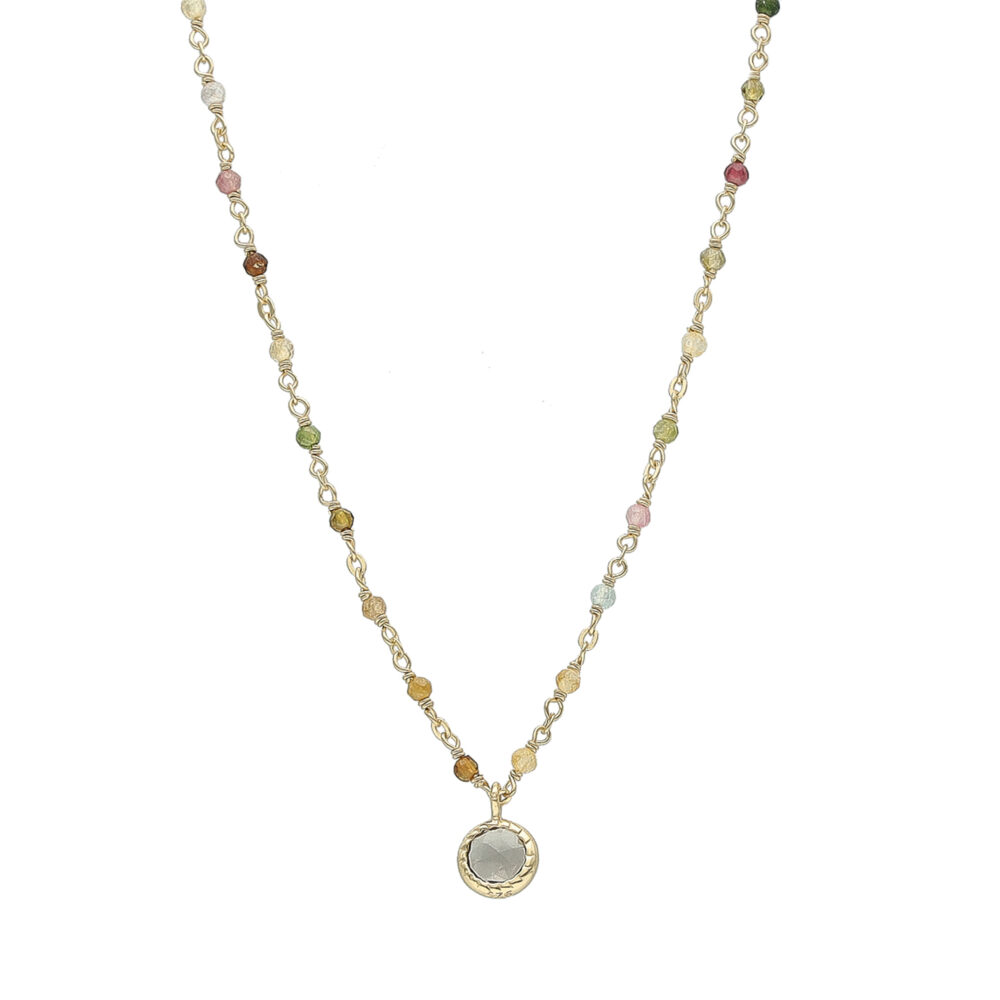 Collier argent doré perles naturelles tourmaline et médaillon