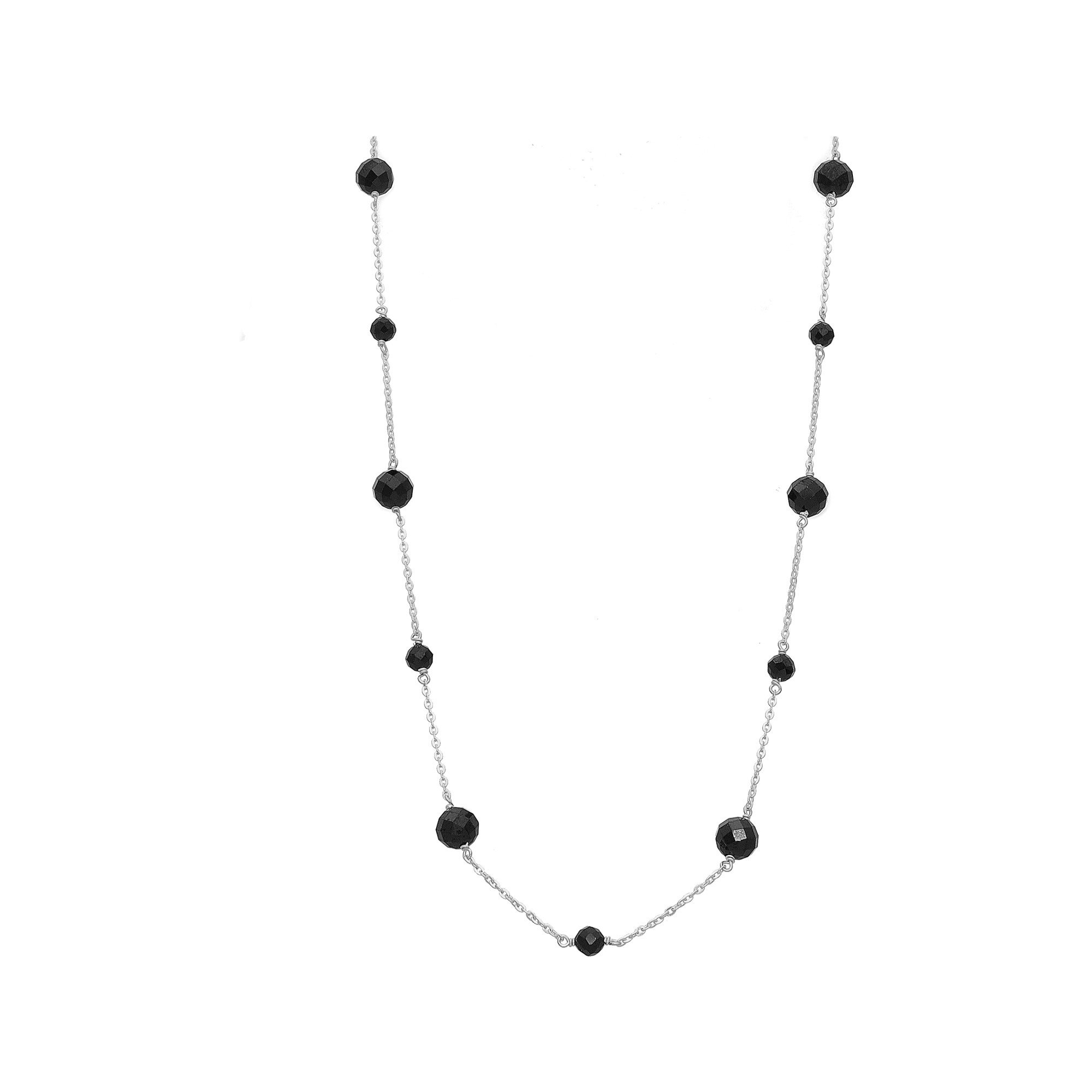 COD301NOIRRH Collier argent rhodié perles facettés naturelles spinelle noir