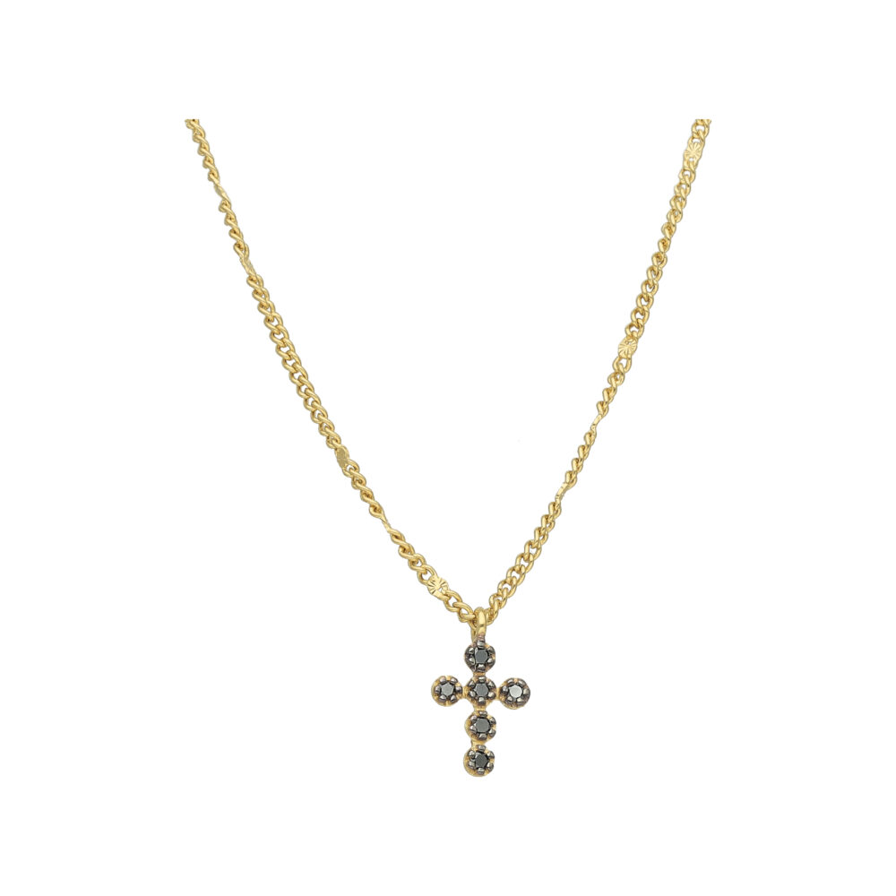 Collier Argent Doré Croix Diamant Noir