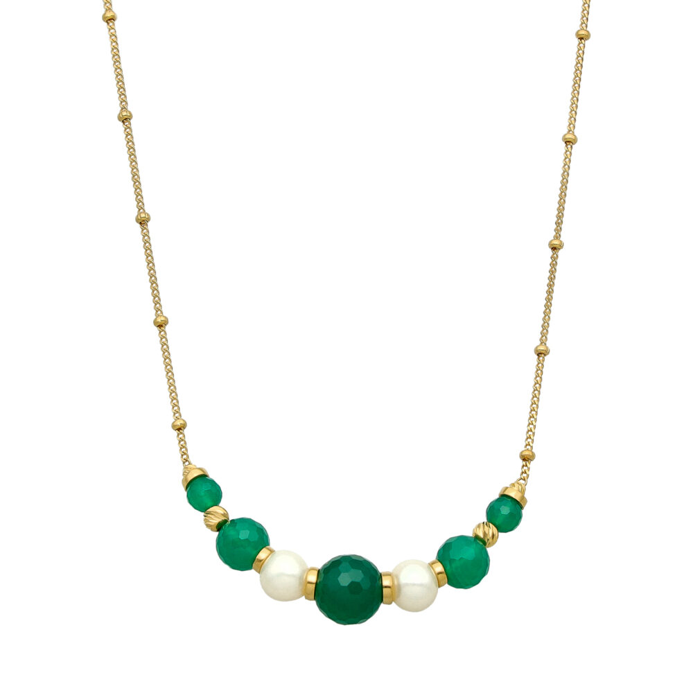 Collier en argent doré pierres naturelles blanches et onyx vert