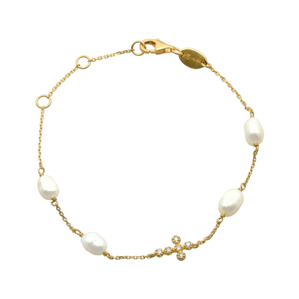 Bracelet argent doré perles naturelles croix oxydes de zirconium