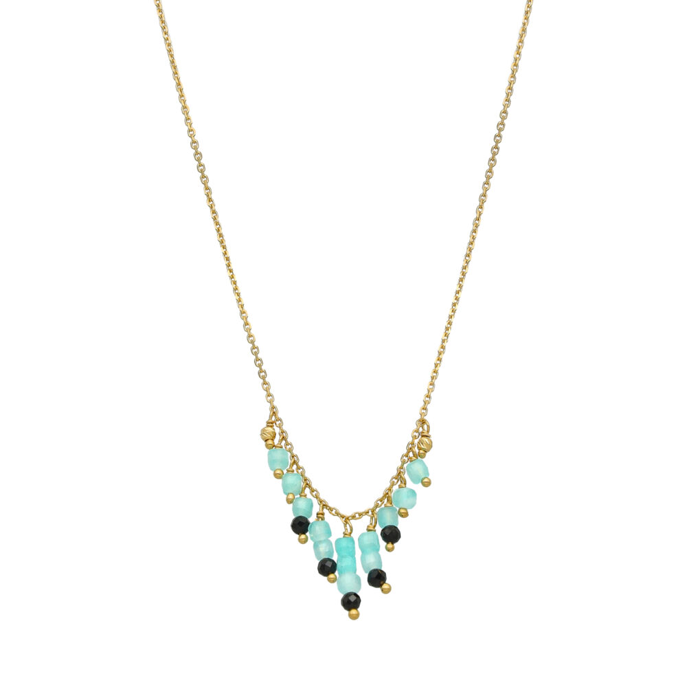 Collier argent doré pierre pampille amazonite spinelle noire