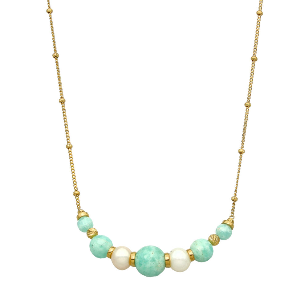Collier en argent doré pierres naturelles blanches et amazonite