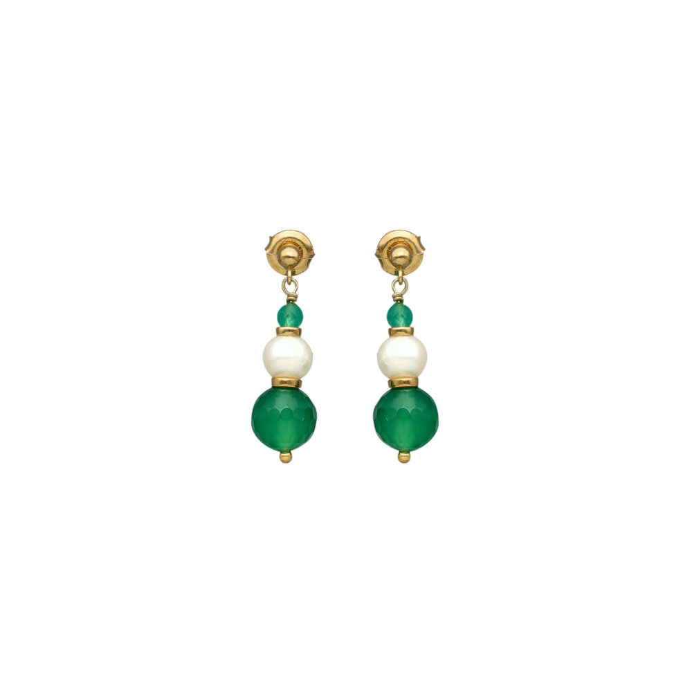 Boucles d'Oreilles Pendantes "Éclat Nocturne" en Argent Doré, Perle naturelle et onyx vert
