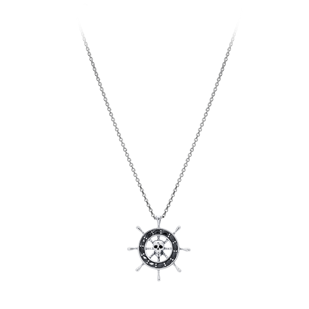 Collier argent pour homme barre pirate avec tête de mort centrale pierre noire