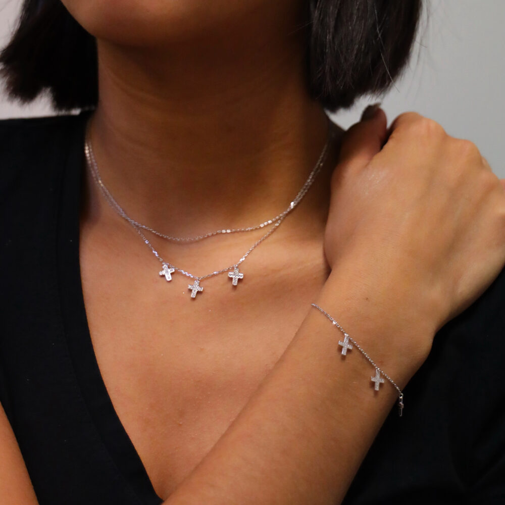 Santa cross bracelet necklace set in silver and white zirconium 4
