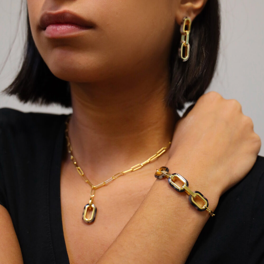 Parure Seven necklace bracelet earrings in gold-plated silver and acetate 4