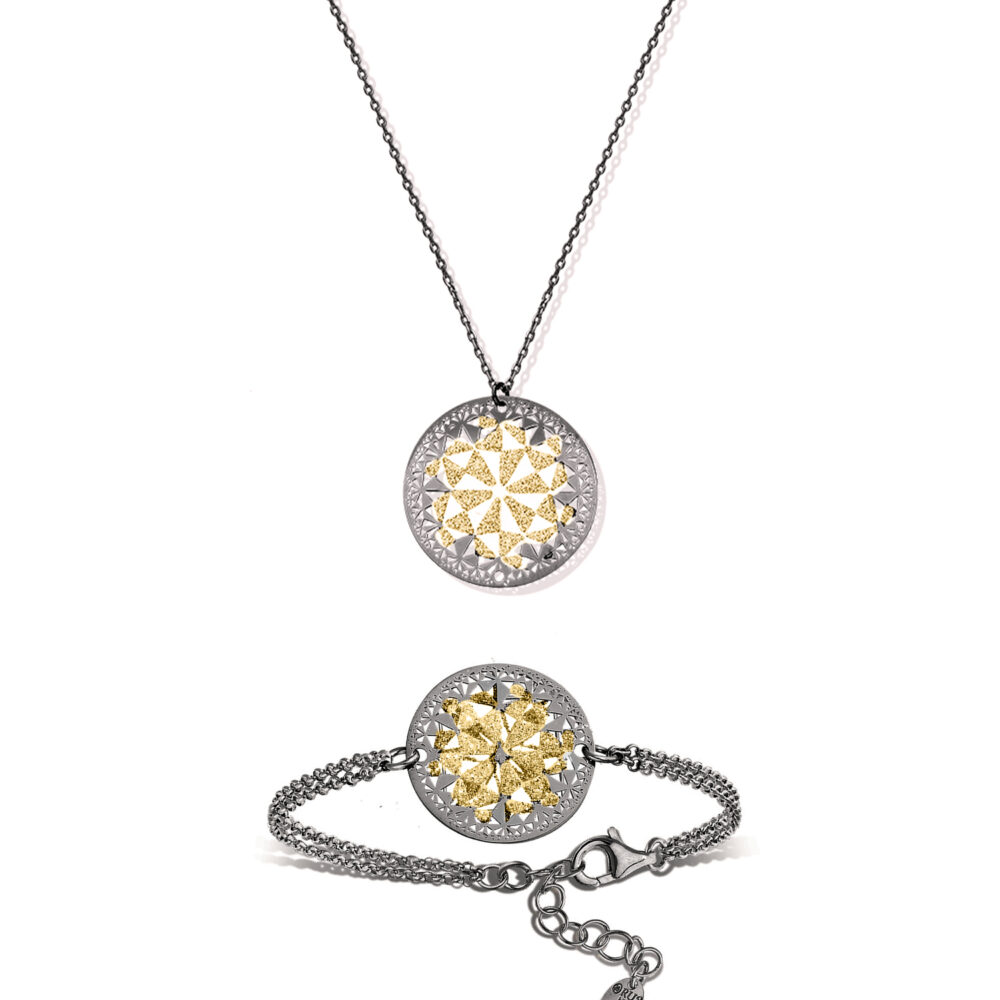 Modern flower adornment necklace bracelet in black silver gold glitter 1