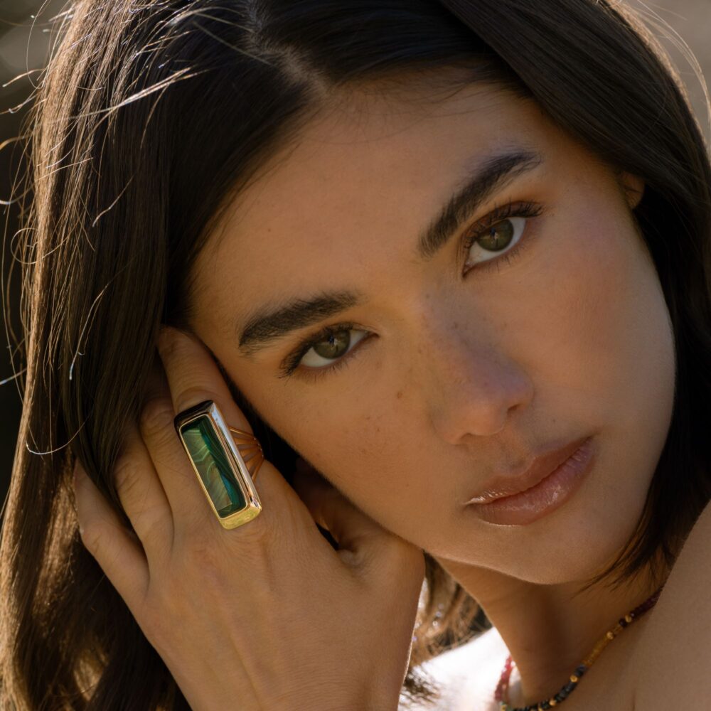 Bague à volume en argent doré longue en pierre naturelle malachite 3