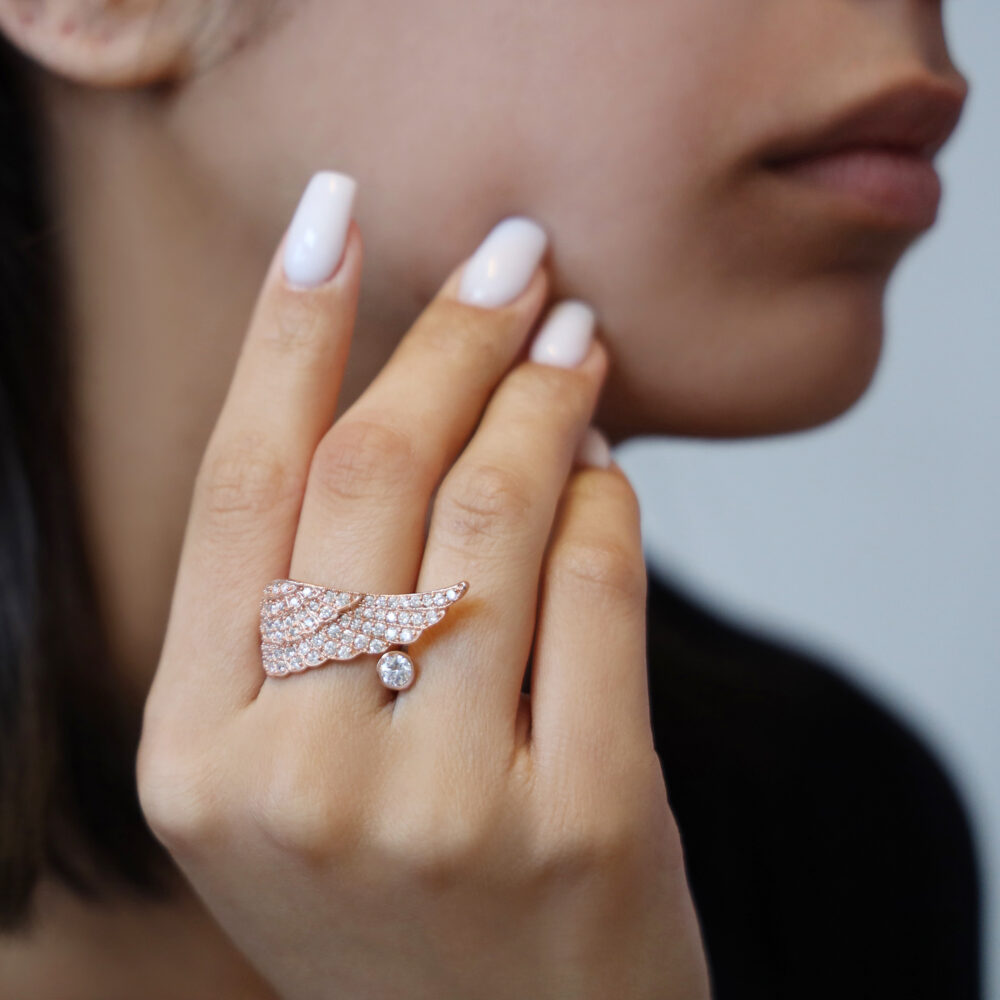 Silver pink angel wing ring 5