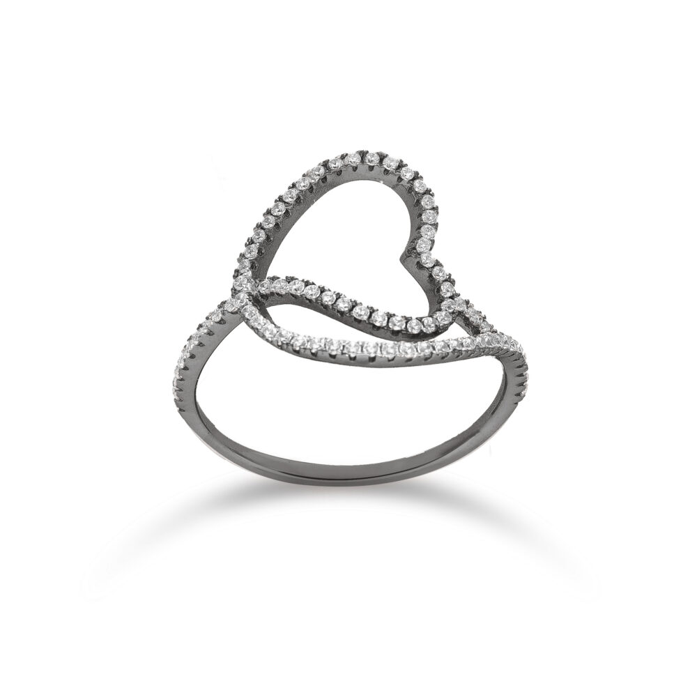 Black entwined heart silver ring 1