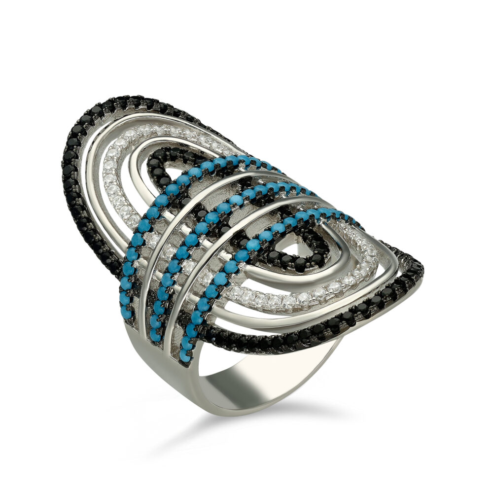 Modern rhodium-plated silver ring Ellipse set with turquoise 2