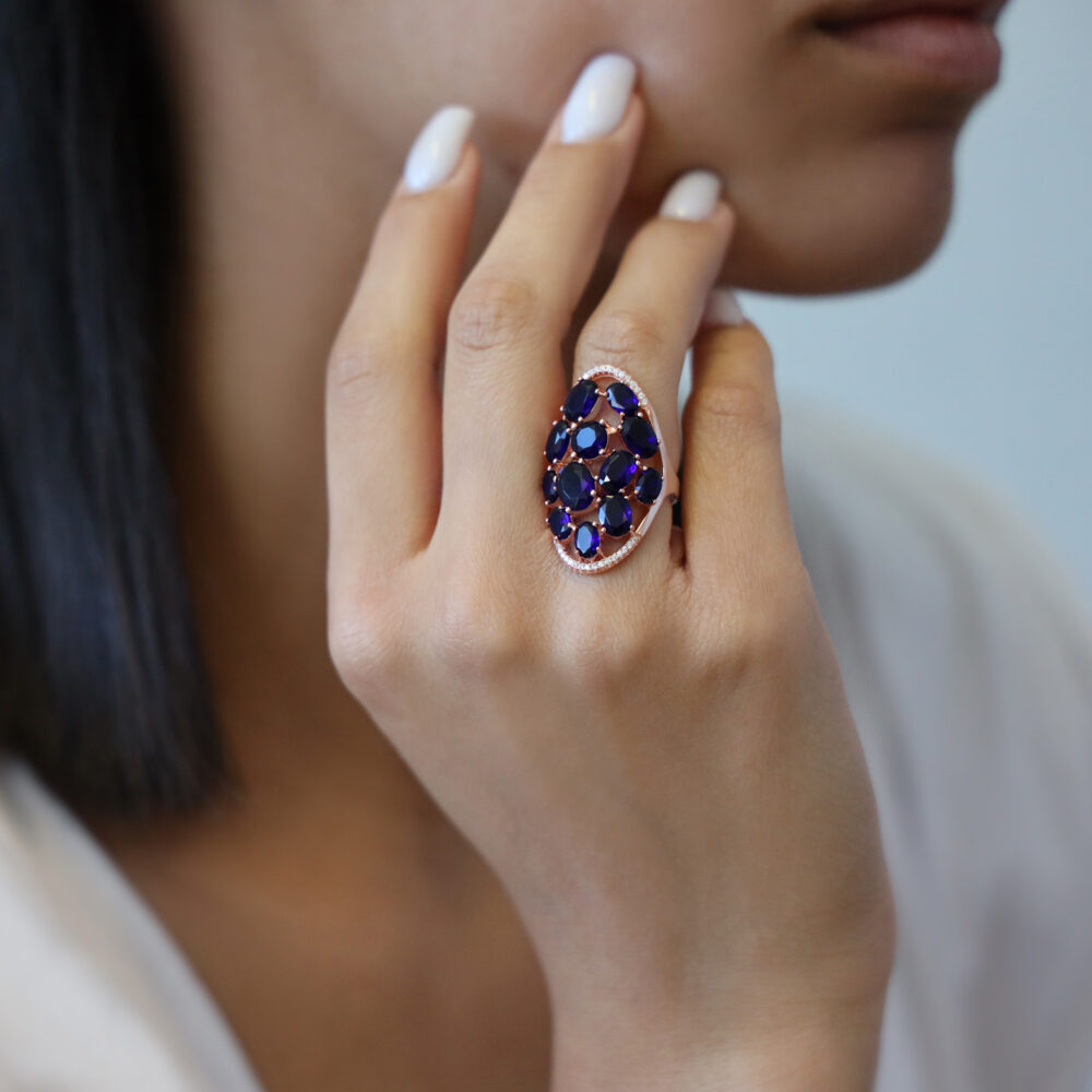 Asymmetrical pink silver ring with navy blue stones 3