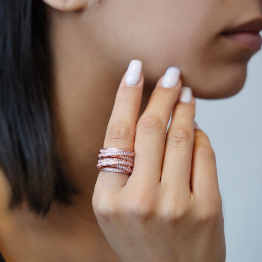 Pink silver ring entwined rings set 3