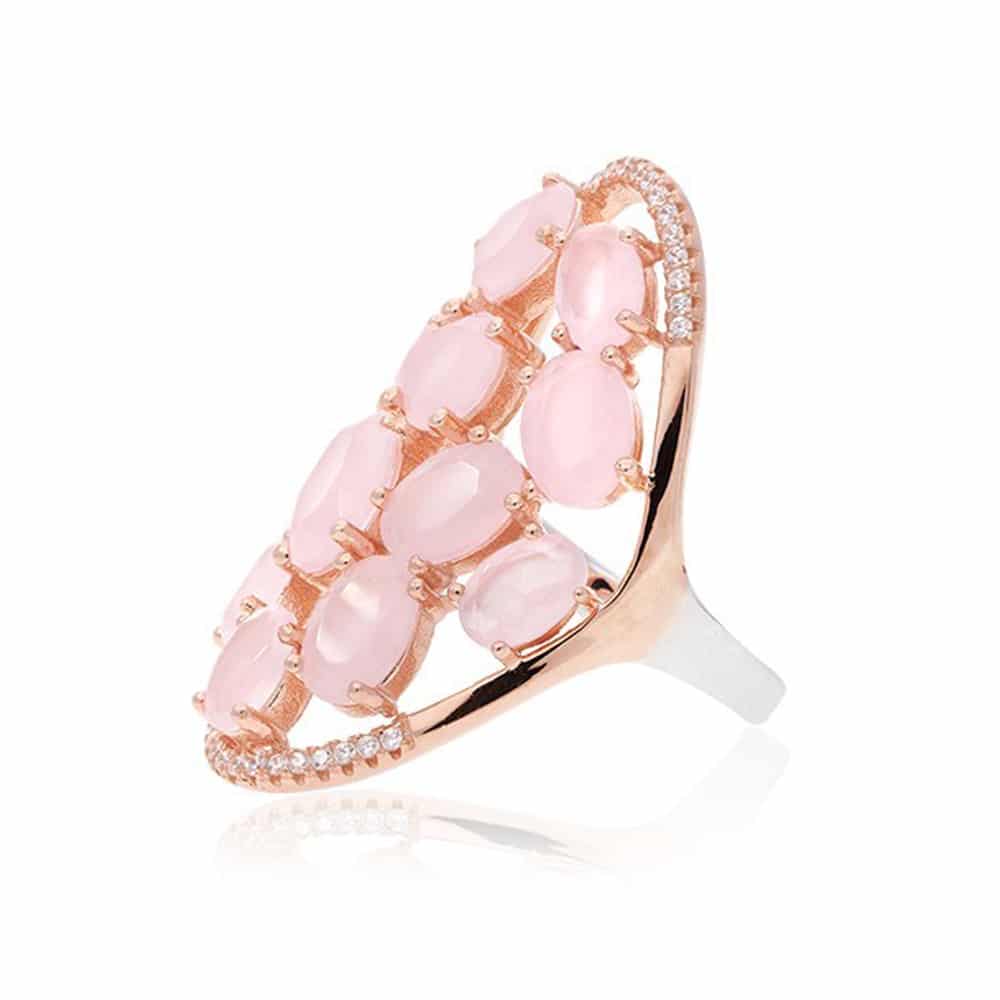 Asymmetrical pink silver ring with 7 pink stones