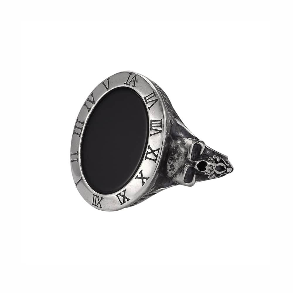 Men's silver signet ring onyx stone skulls memori mento