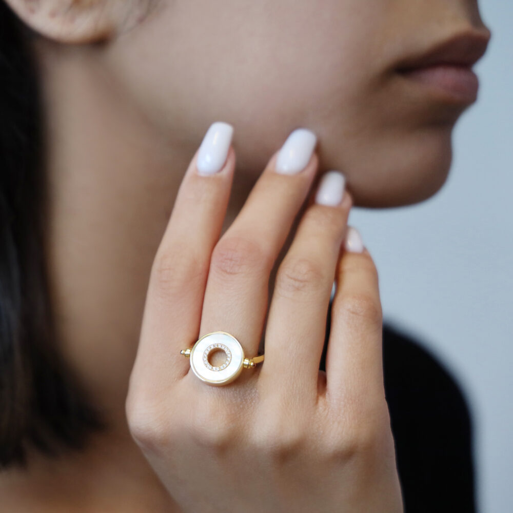 Gold plated silver ring anna mother of pearl and white zirconium 3