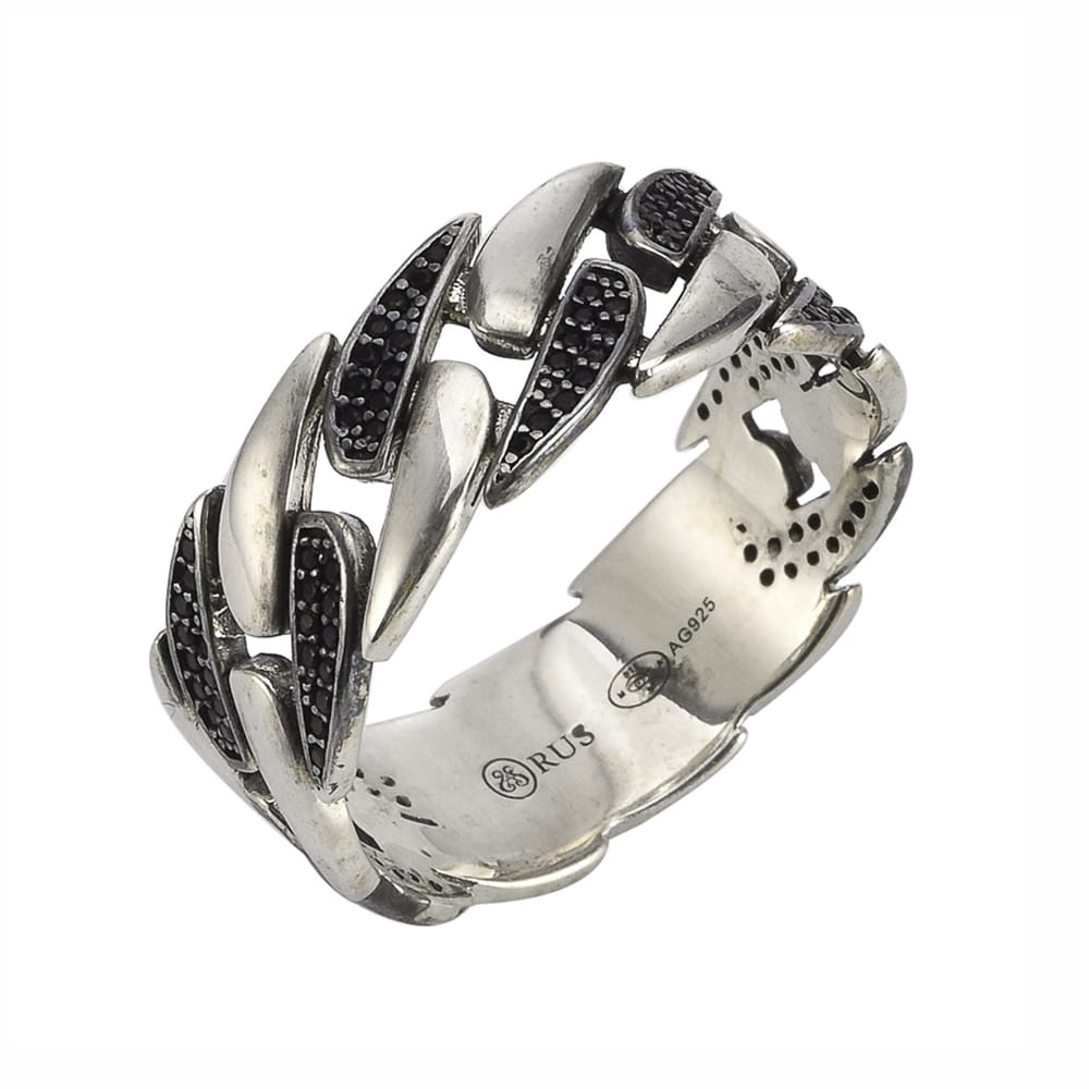 Men's silver ring with modern chain set with black zirconium 3