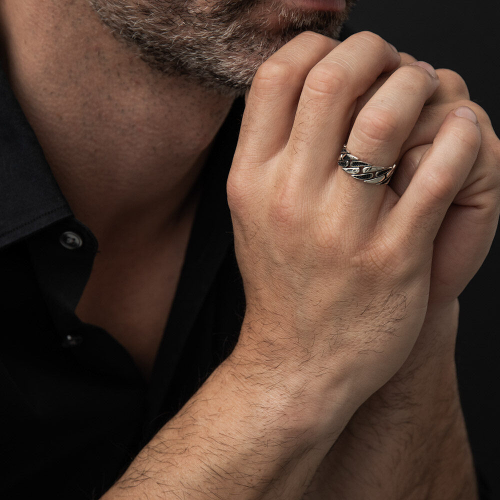 Men's silver ring with modern chain set with black zirconium 4