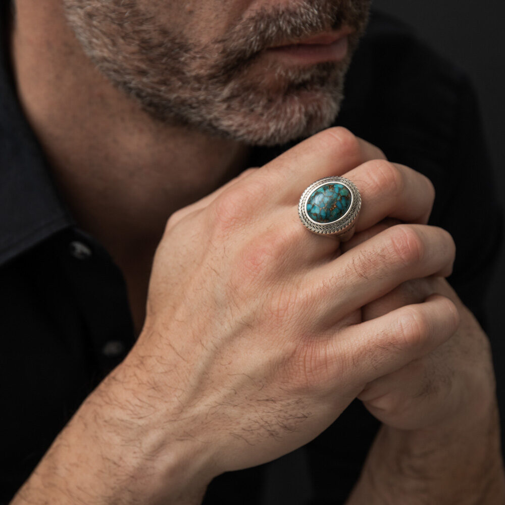Men's Silver Turquoise Buddha Ring 8