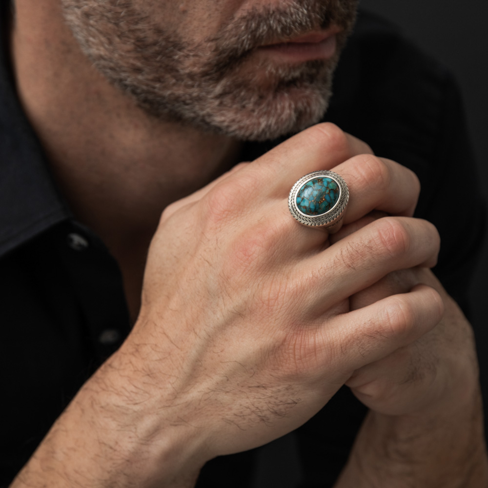 Men's Silver Turquoise Buddha Ring 4