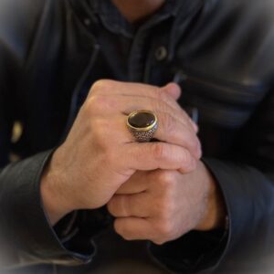 Bague homme œil argent pierre œil de tigre serti doré 6