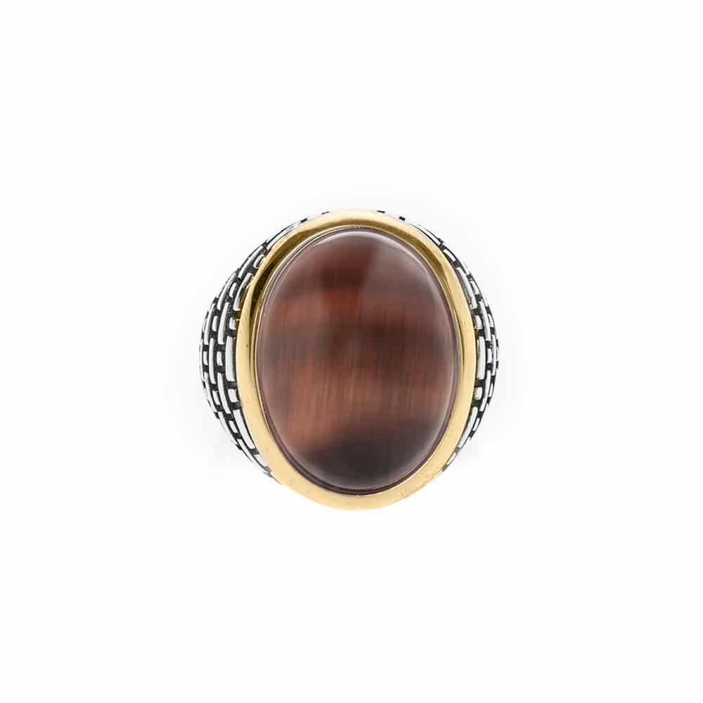 Men's gold silver eye ring with red tiger eye stone 1